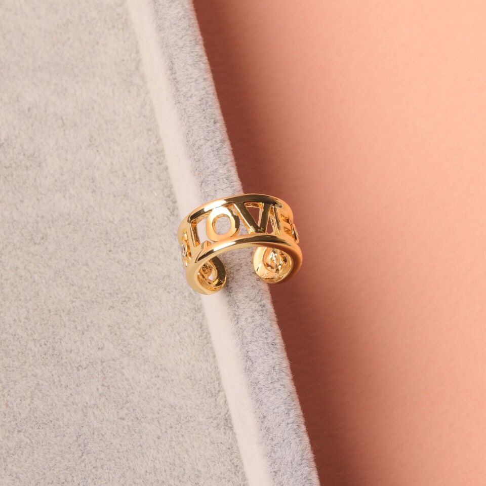 Gold Tek Taş Love Yazılı Sıkıştırma Kıkırdak Küpe