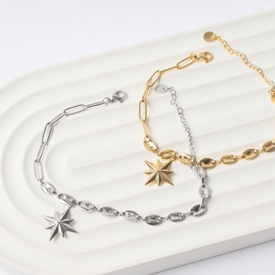 Neesa Çelik Pusula Yıldızı BileklikGold Silver